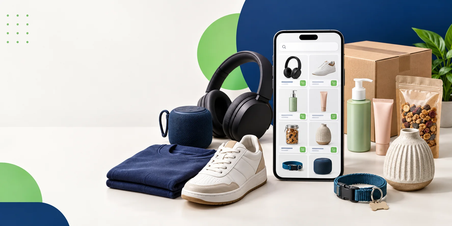 Catálogo digital no celular com produtos de moda, eletrônicos, beleza, alimentos, decoração e pet